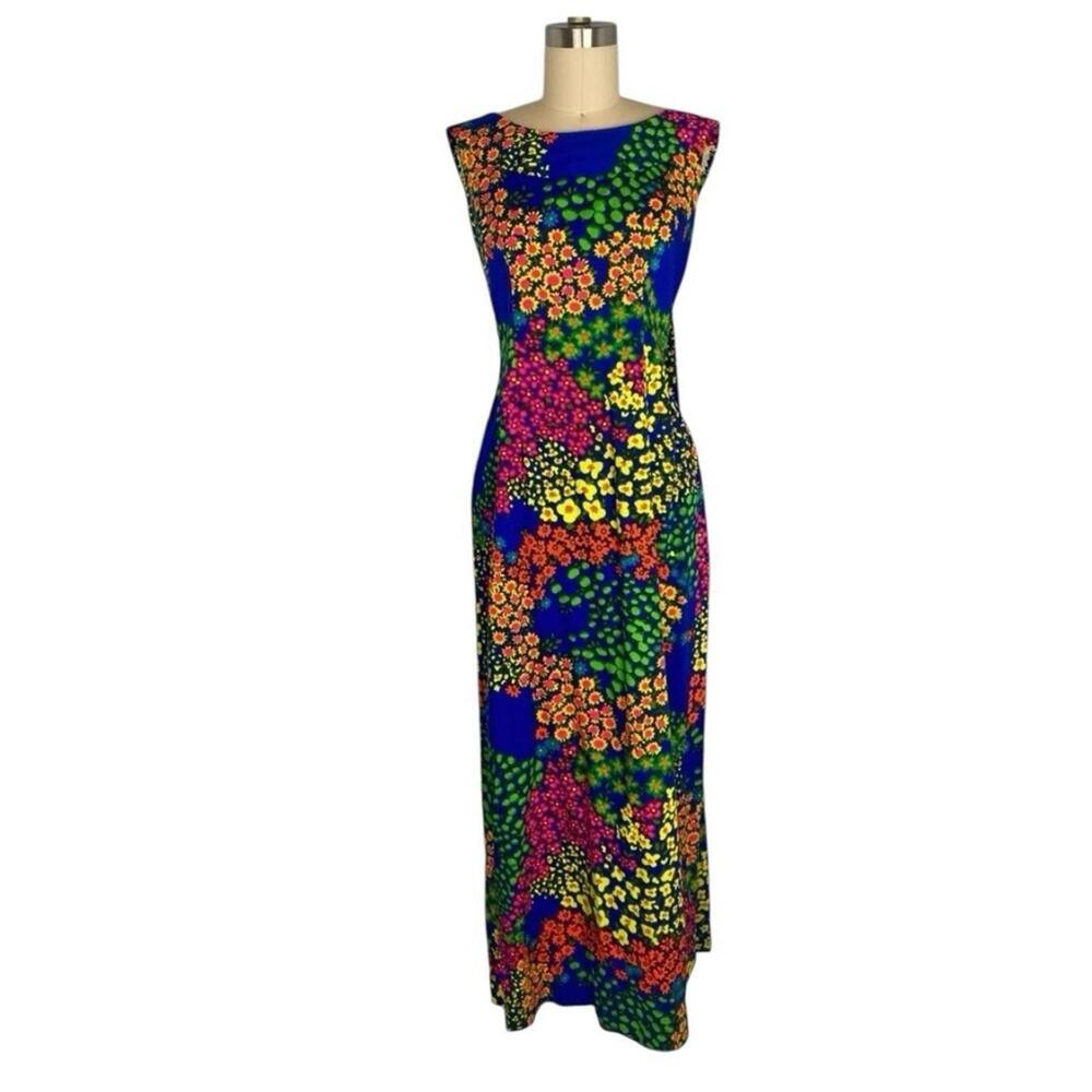 Vintage Hawaiian Maxi Dress Psychedelic Floral Cape Back 70s Women’s MEDIUM